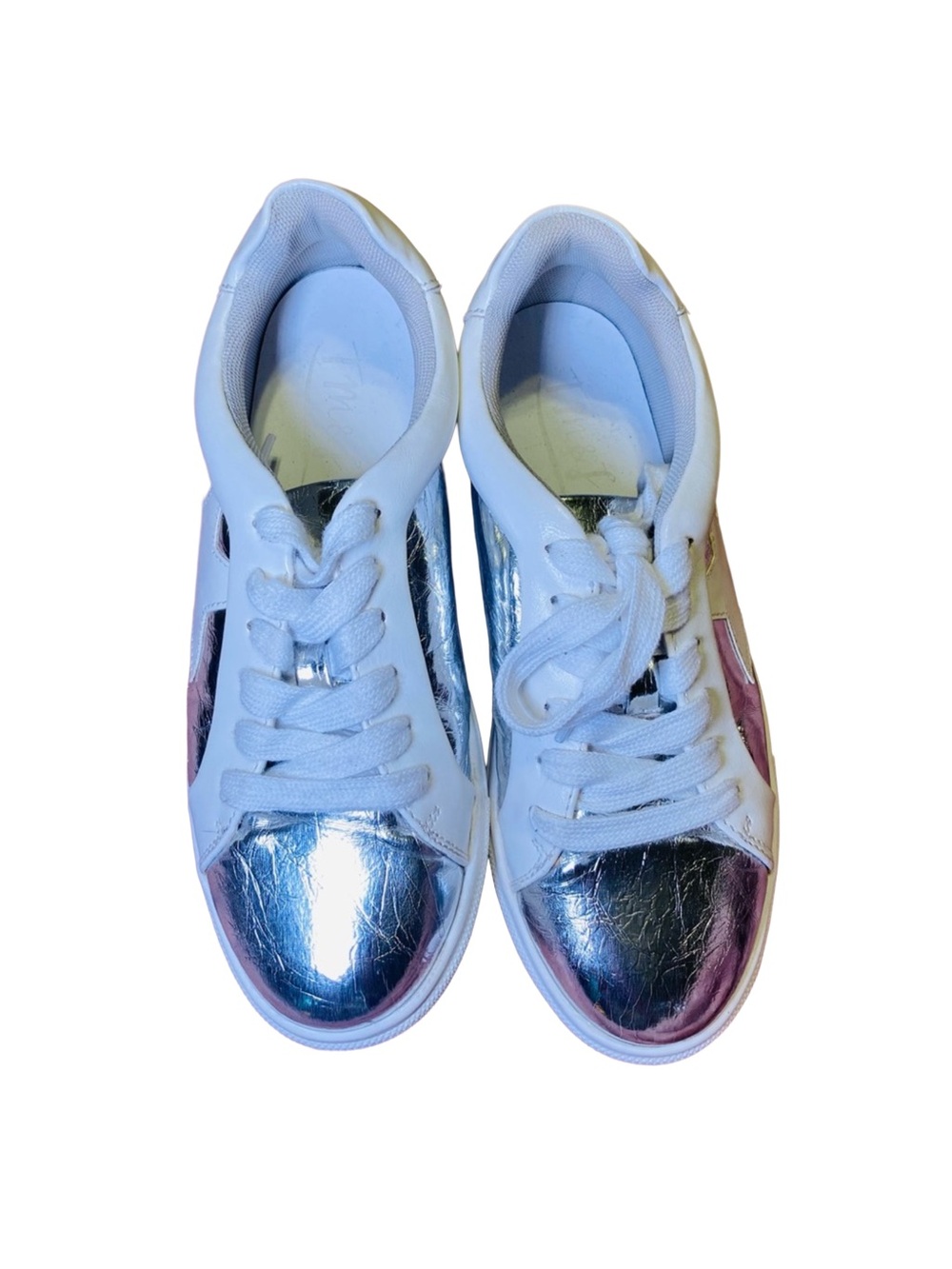 Metallic Silver White Star Sneakers Shoes, 6